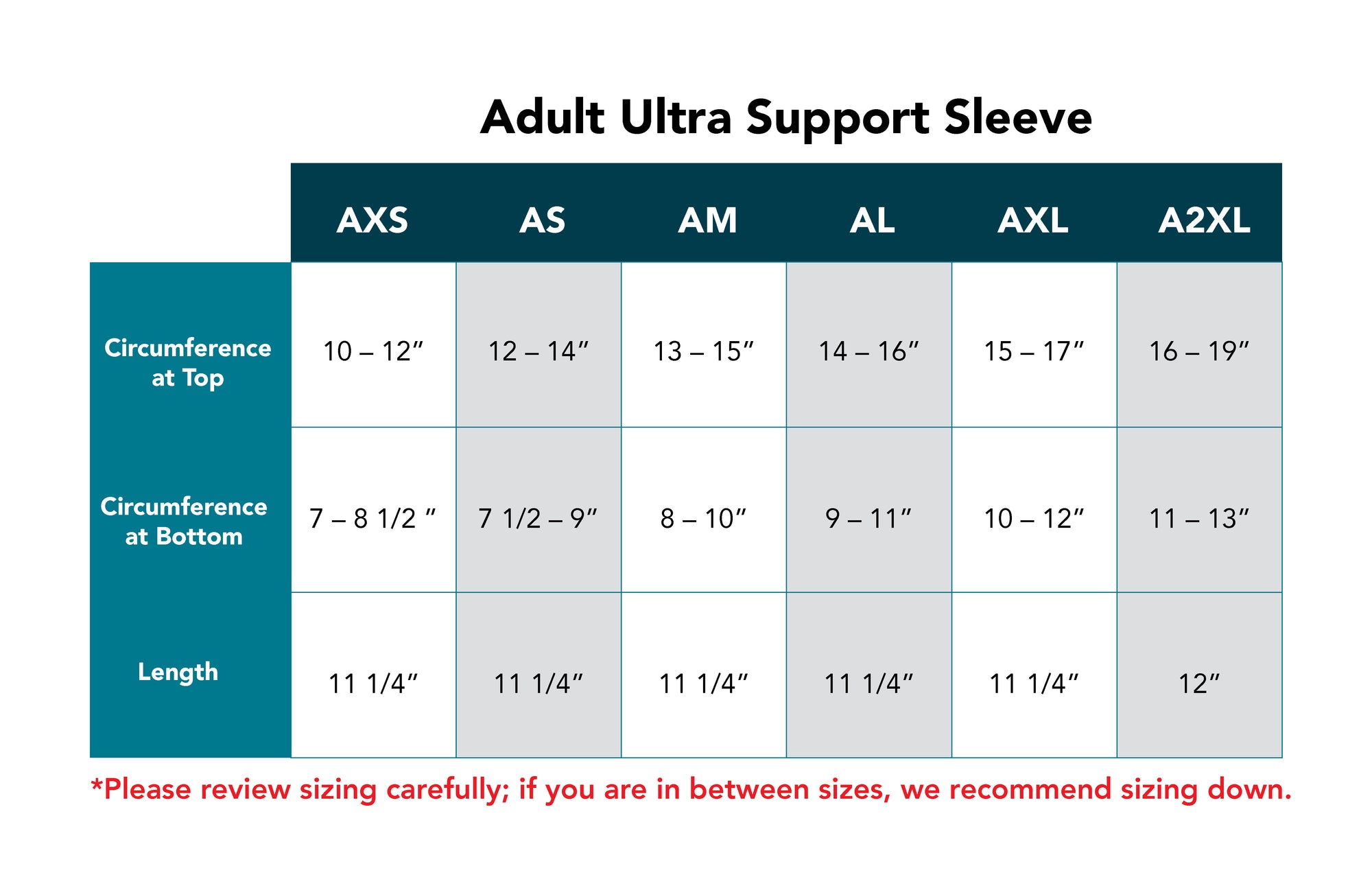 Adult Ultra Support Sleeve Size Chart