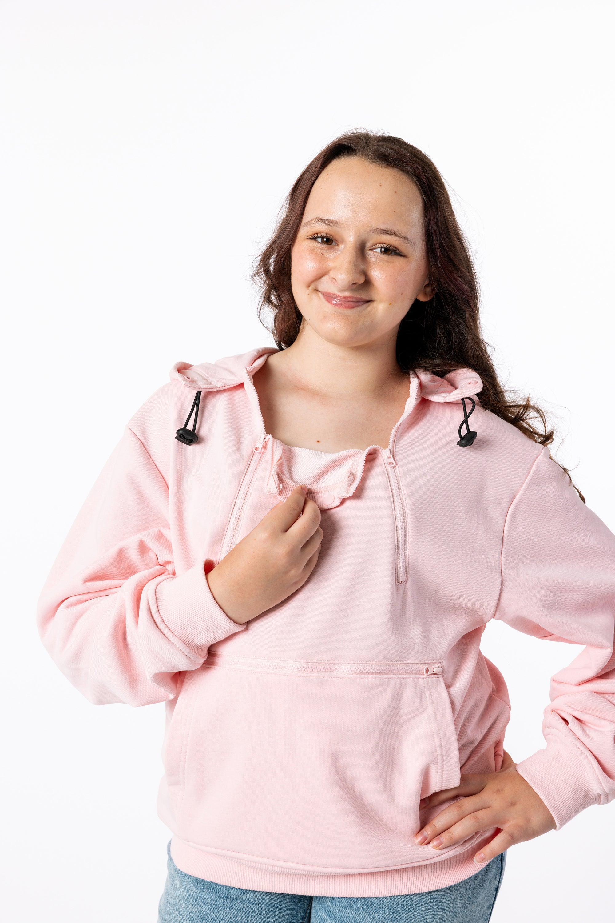 Alex showing Chest Zippers on Zipper Access Hoodie