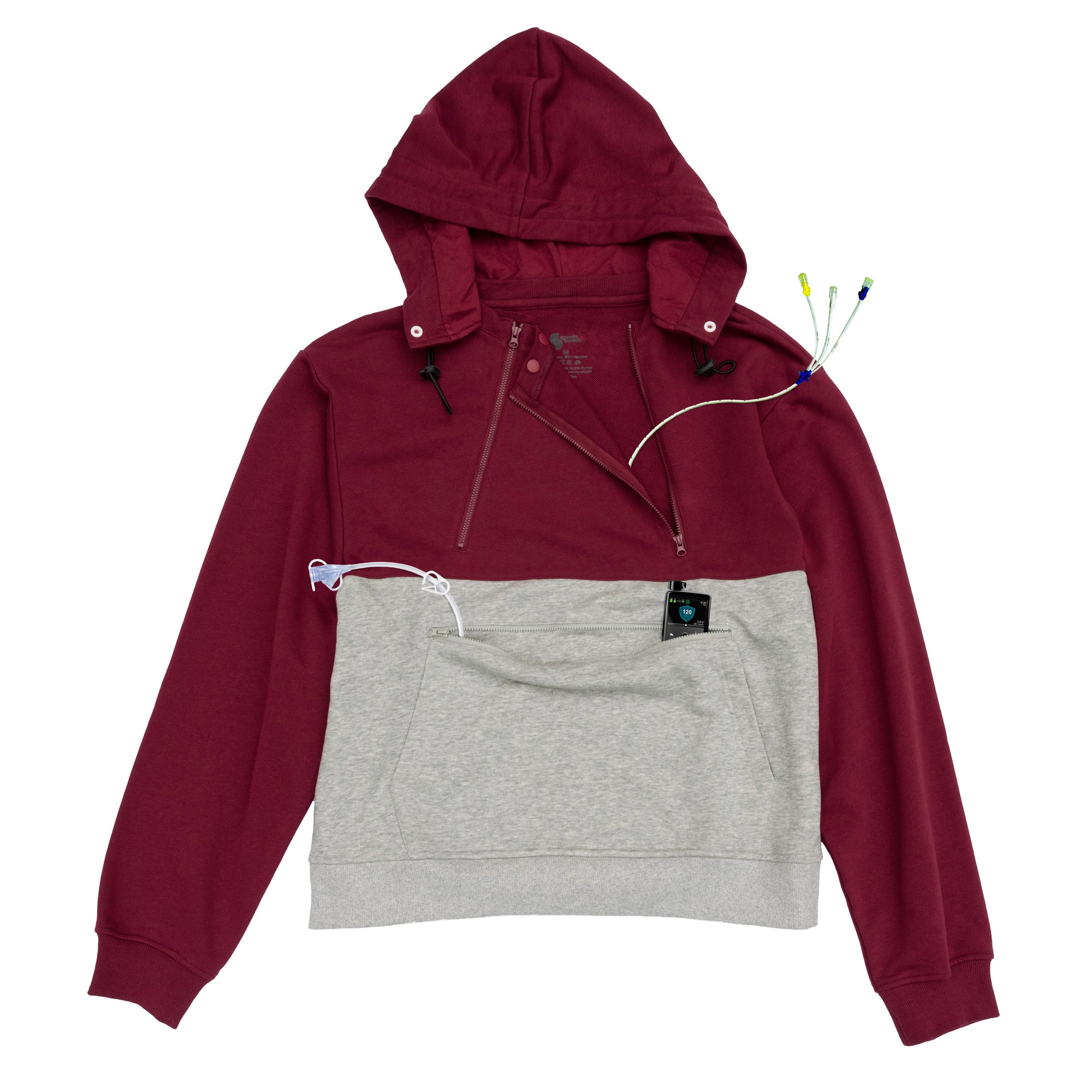 Crimson hoodie with medical devices