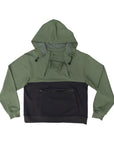 Sage colorblock hoodie with chest zippers and abdomen zipper open