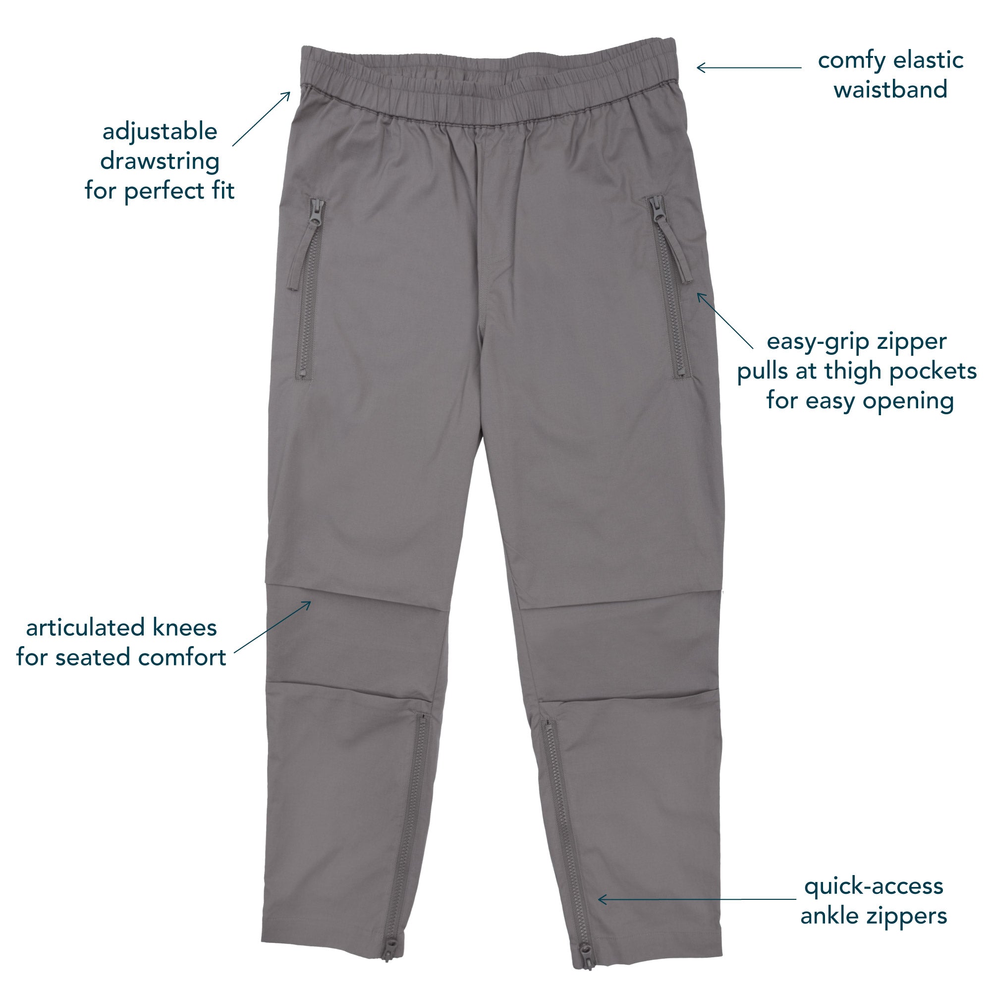 Casual Zip Pants with diagram showing features