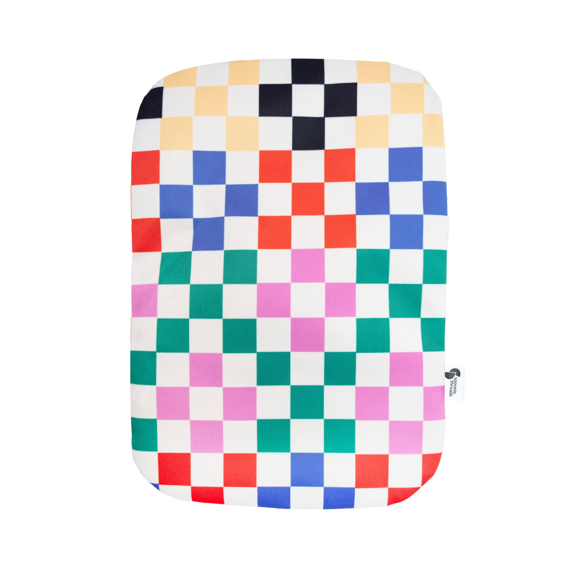 Back of multicolored checkerboard elastic ostomy bag cover