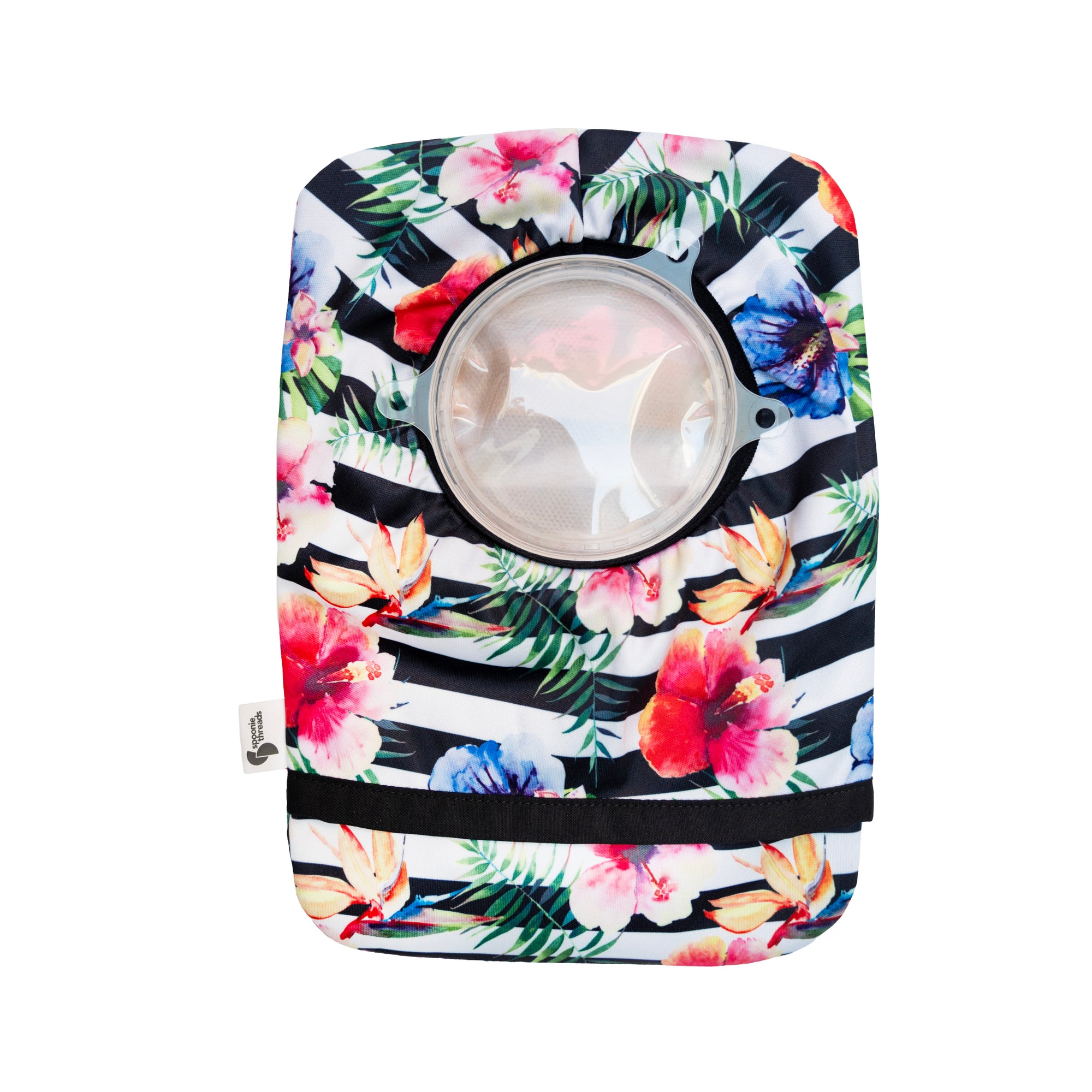 Flat of floral stripe elastic ostomy bag cover with pouch