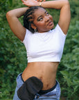 Young woman in black Elastic Ostomy Bag Cover