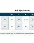 Sizing chart for full zip shacket with chest circumference and shirt length measurements.