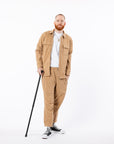 Mike posing in Khaki Felt shacket and pants