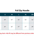 Full zip hoodie size chart with chest circumference and shirt length measurements.