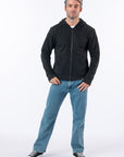 Man wearing Full Zip Hoodie zipped up. Text reads "Reed is 5'9 1/2" wearing a size M".