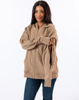 Celia wearing Khaki Full Zip Hoodie with open arm zipper