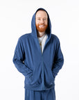 Mike wearing Navy Full Zip Hoodie with hood on
