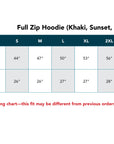 Full zip hoodie size chart with chest circumference and shirt length measurements.