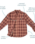 Graphic depicting features of Plaid Zip Front Arm Access Shacket