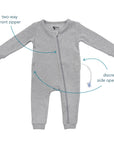 Features of G-Tube Pajamas, including two-way front zipper and discreet side openings
