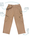 Features of Wide Leg Cargo Pant, including dual side zippers at waistband, pockets at front of thigh, easy-grip zipper pulls, and wide-leg silhouette for easy access