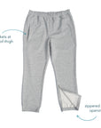 Features of Zip Access Pants, including pockets at front of thigh and zippered ankle openings
