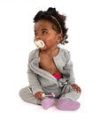 Baby in open Heather Gray Rib G-Tube Pajamas with G-Tube pad showing
