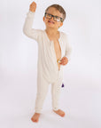 Child wearing open Vintage White Rib G-Tube Pajamas with g-tube