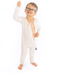 Child wearing open Vintage White Rib G-Tube Pajamas with g-tube