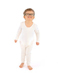 Child wearing a white pajamas and glasses on a white background