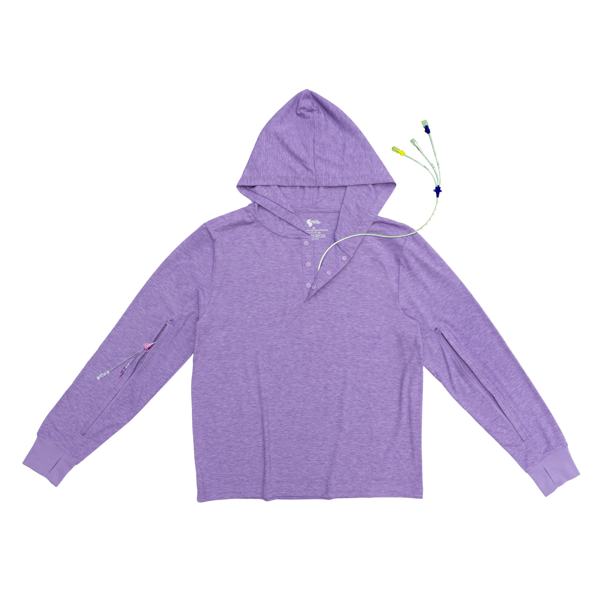 Lilac Adult sleeve access hooded tee with devices showing