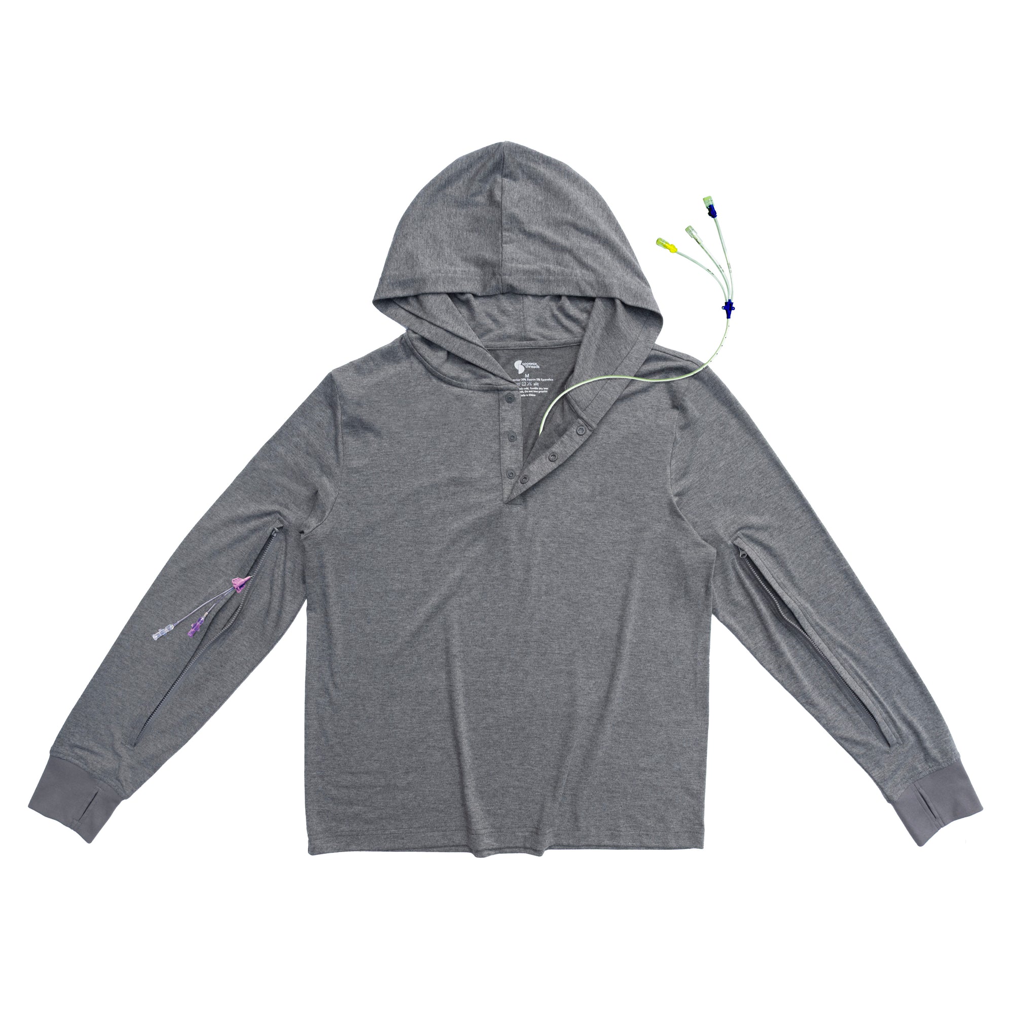 Flat of Salt & Pepper Adult sleeve access hooded tee with devices showing