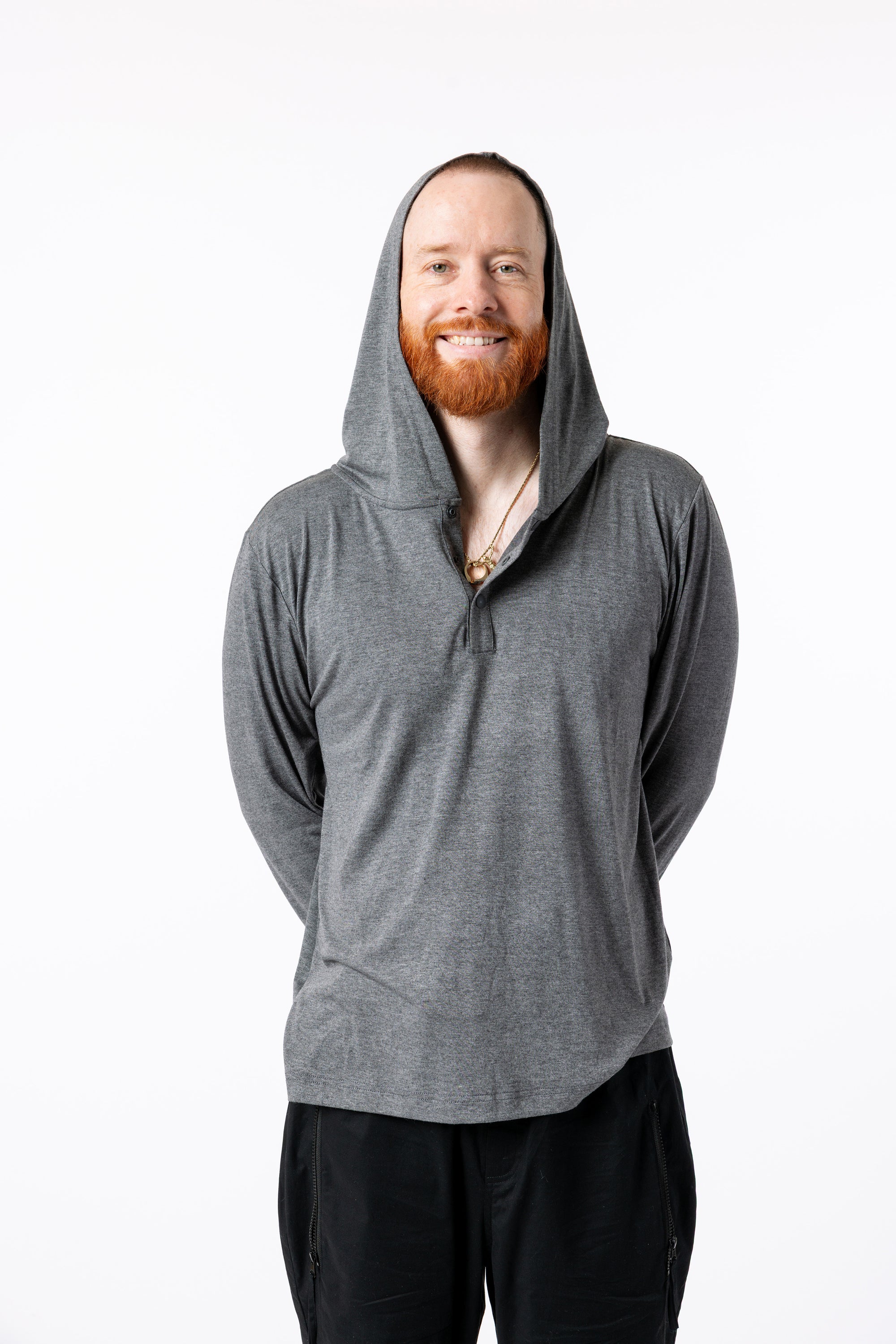 Mike wearing Hooded Top with hood on
