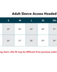 Sizing chart for Adult Sleeve Access Hooded Tee with chest circumference and shirt length measurements.