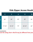 Size Chart for Kids Zipper Access Hoodie, showcasing Chest Circumference and Hoodie Length