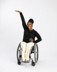 Woman in wheelchair wearing Snap Access Long-Sleeve Tee Shirt