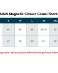 Sizing chart for adult magnetic closure casual short-sleeve shirts with chest circumference and shirt length measurements.