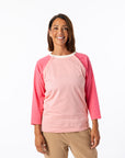 Closeup of Michelle wearing Raglan Chemo Port Access Tee