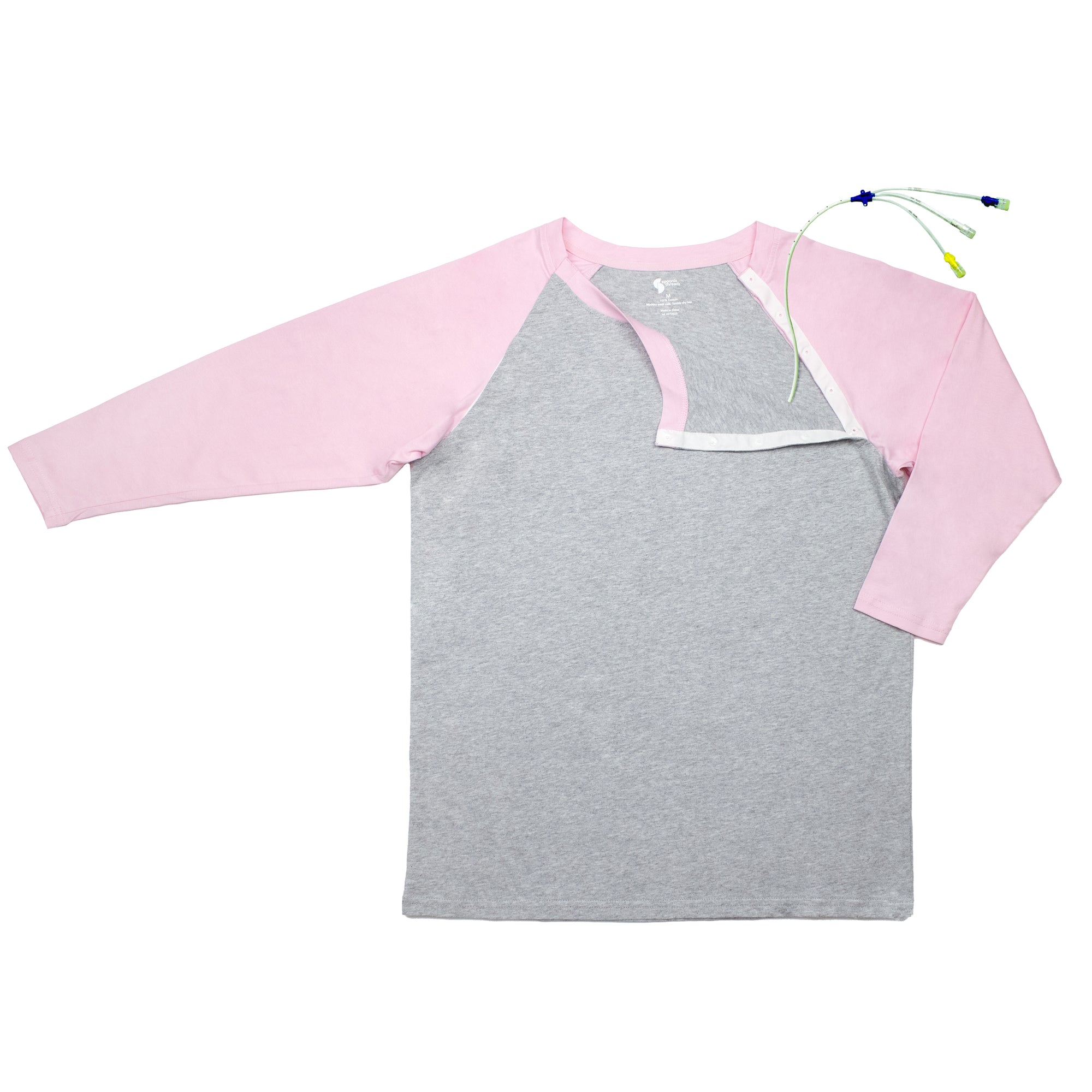Adult Raglan Chemo Port Access Tee Shirt with medical devices