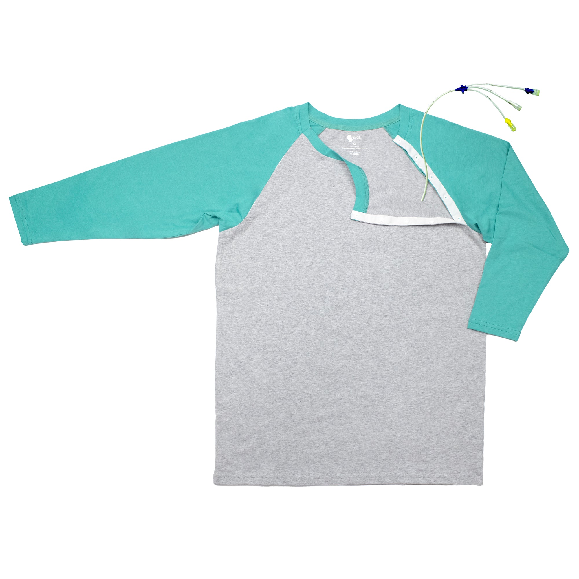 Adult Raglan Chemo Port Access Tee Shirt with medical device