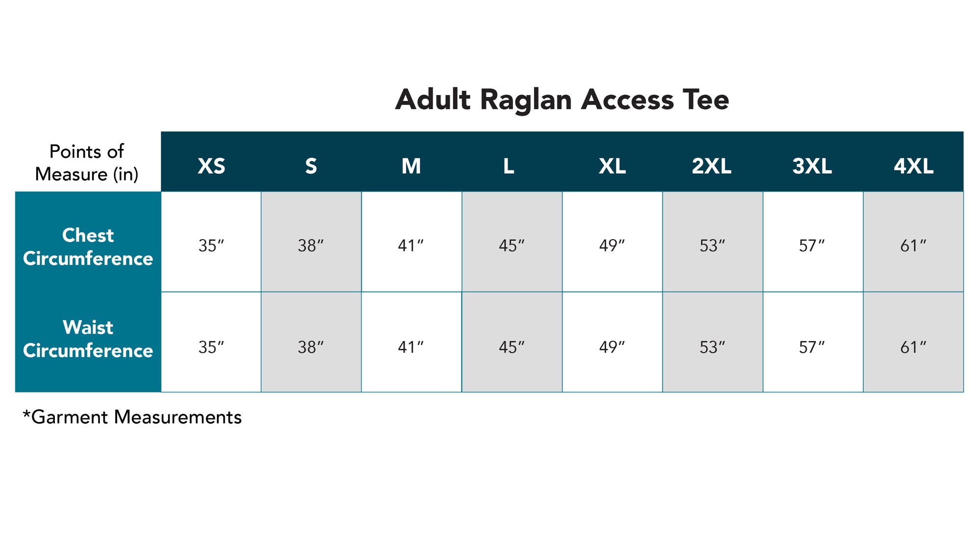 Adult Raglan Chemo Port Access Tee Shirt Size Chart