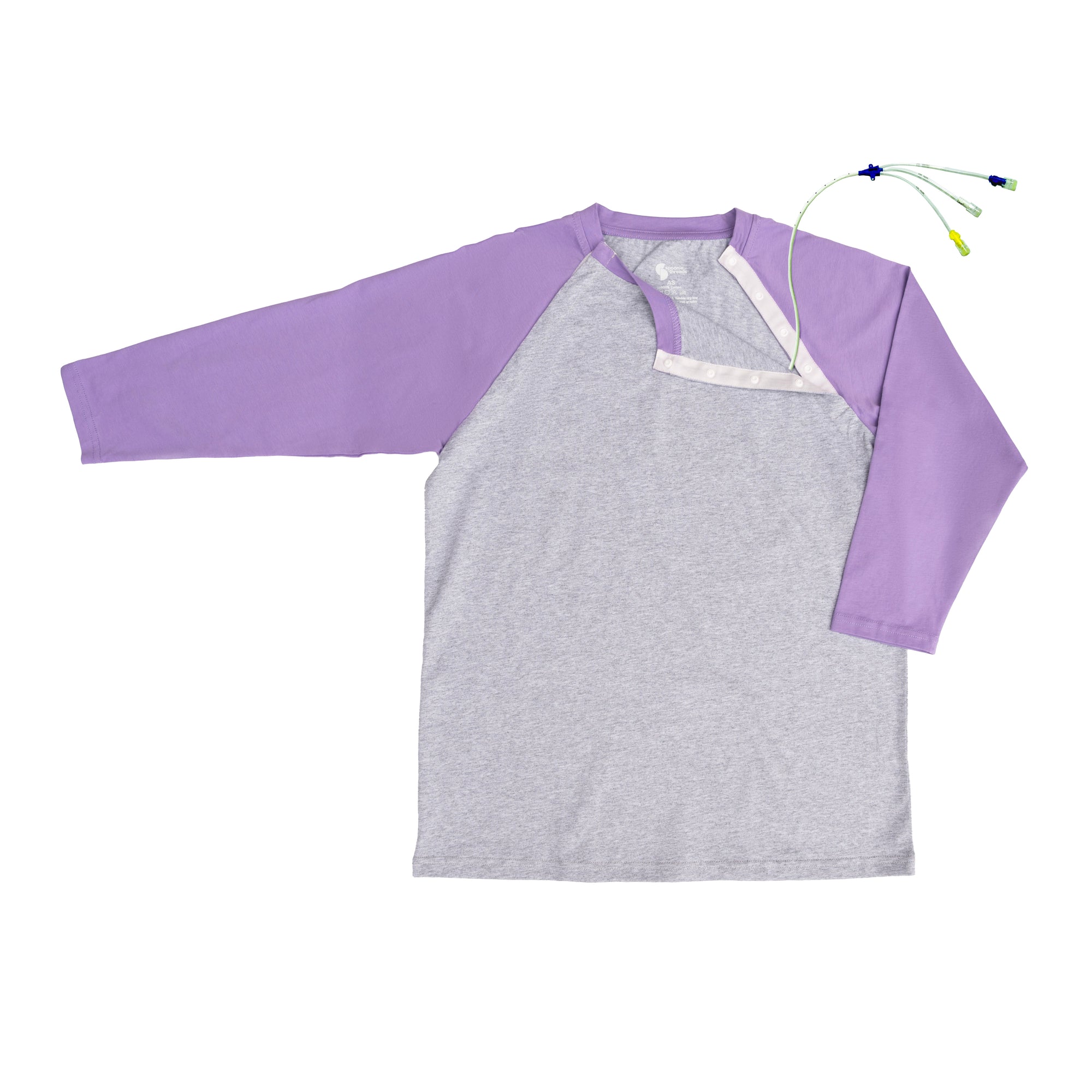 Flat of purple Raglan Access Tee with medical device