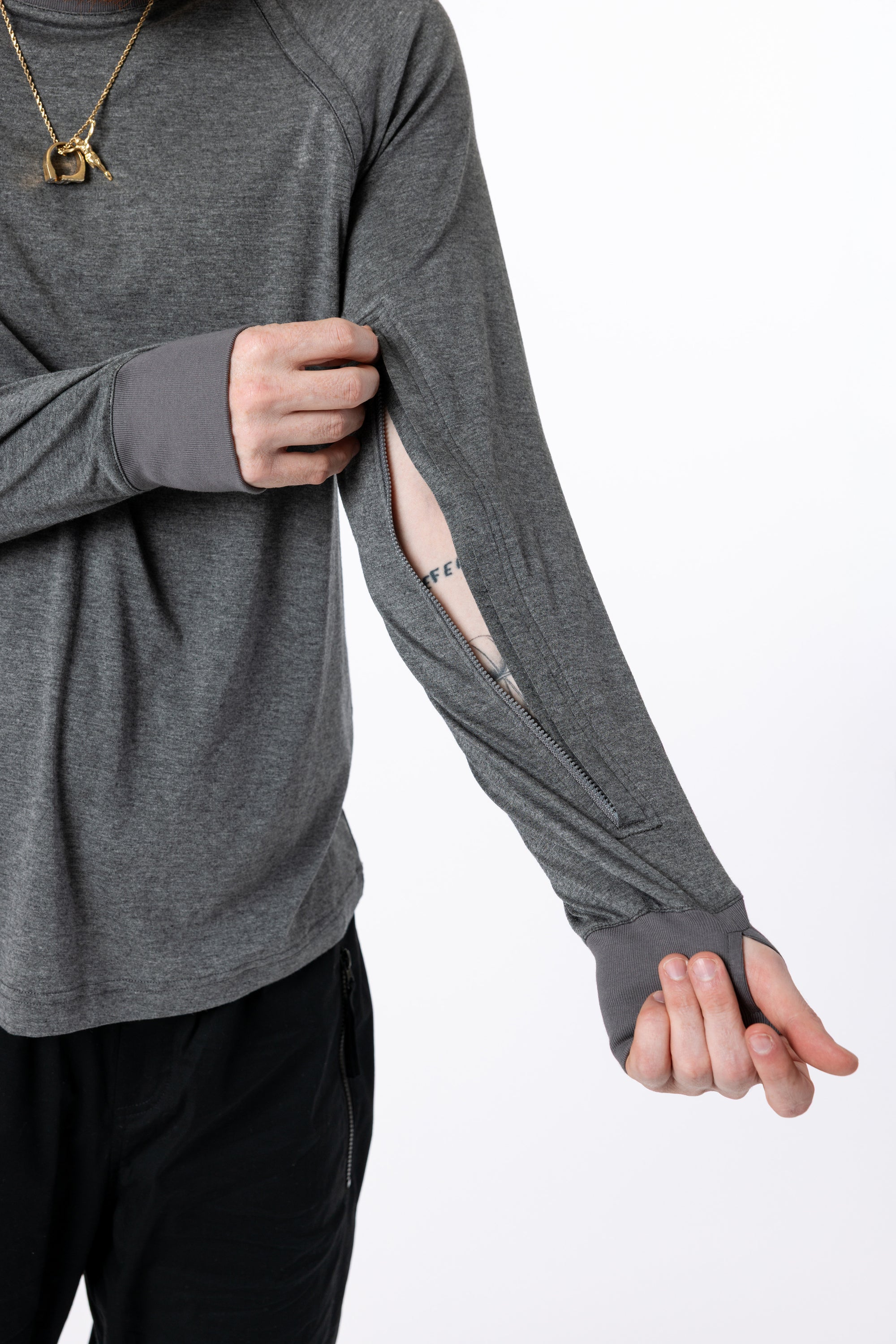 Raglan and Sleeve Zip Access Tee with sleeve open