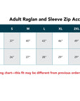 Sizing chart for adult raglan and sleeve zip access tee with chest circumference and shirt length measurements.
