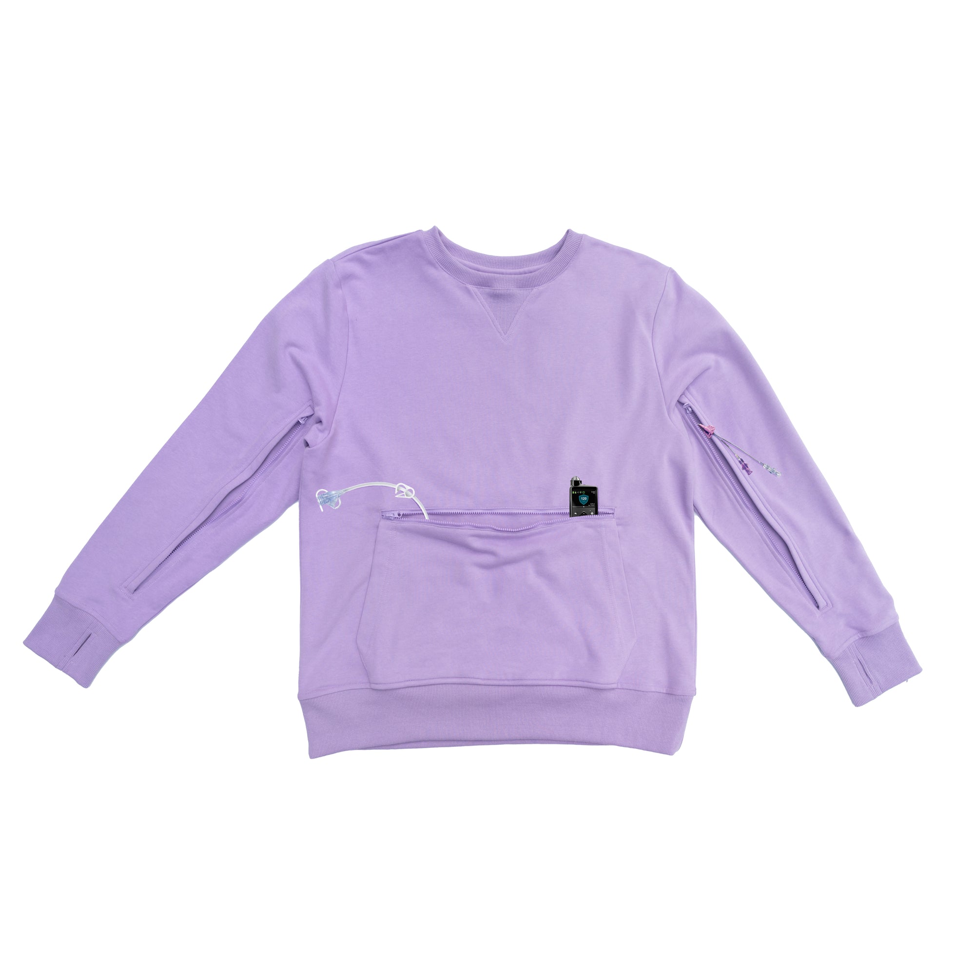 Purple sweatshirt with a pocket and medical devices