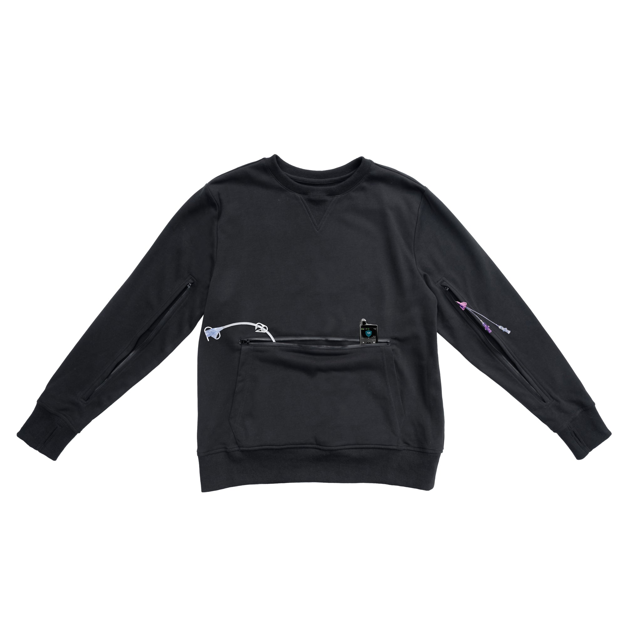 Black sweatshirt with a front pocket and medical devices