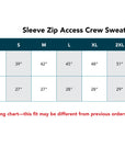 Sleeve Zip Access Crew Sweatshirt size chart with chest circumference and shirt length measurements.