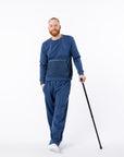Mike wearing Navy Adult Stripe Zip Access Sweatshirt, posing with cane