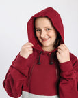 Alex wearing Crimson Colorblock Hoodie, 5'0" wearing size XS