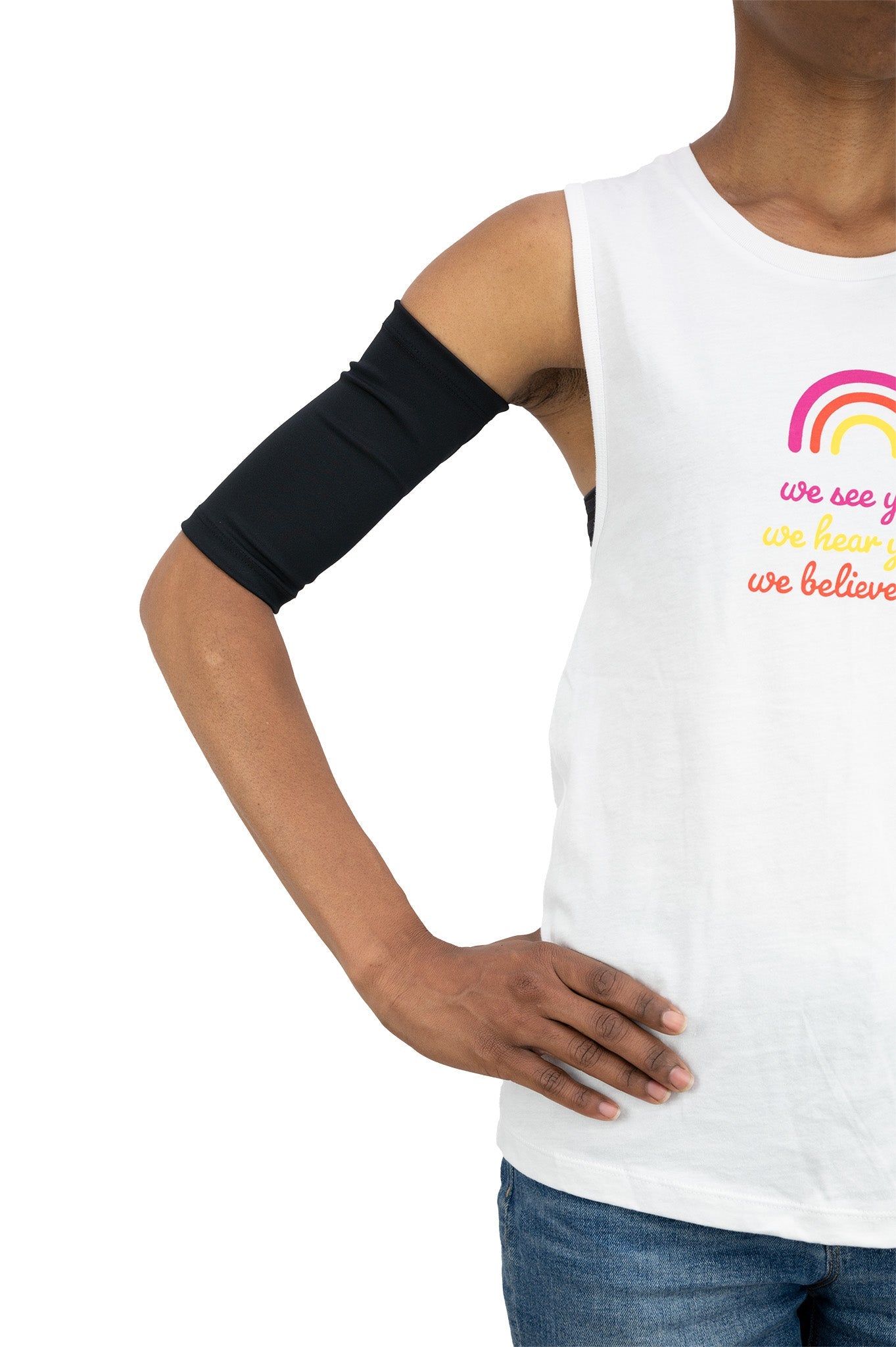 Woman wearing black support sleeve