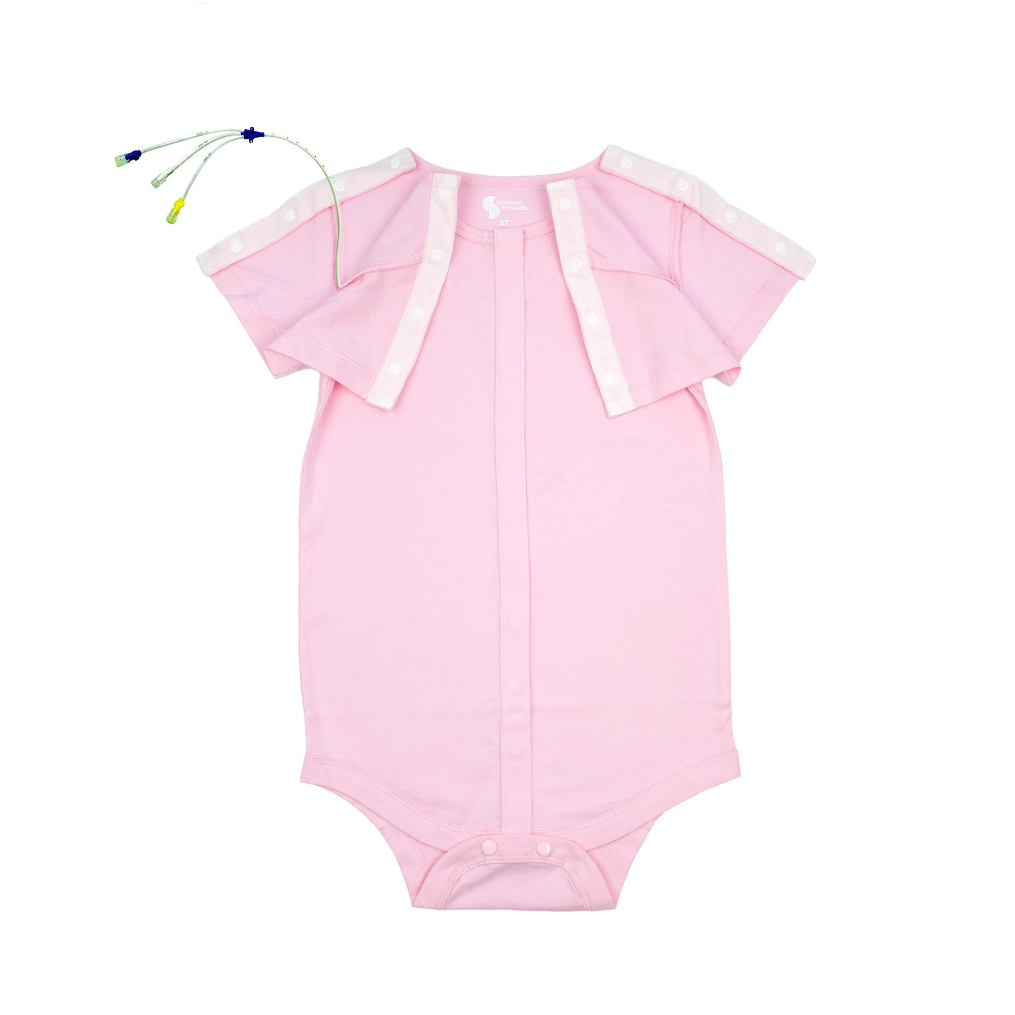 Flat of Pink All Access Bodysuit with Sleeve Snaps open and tubing
