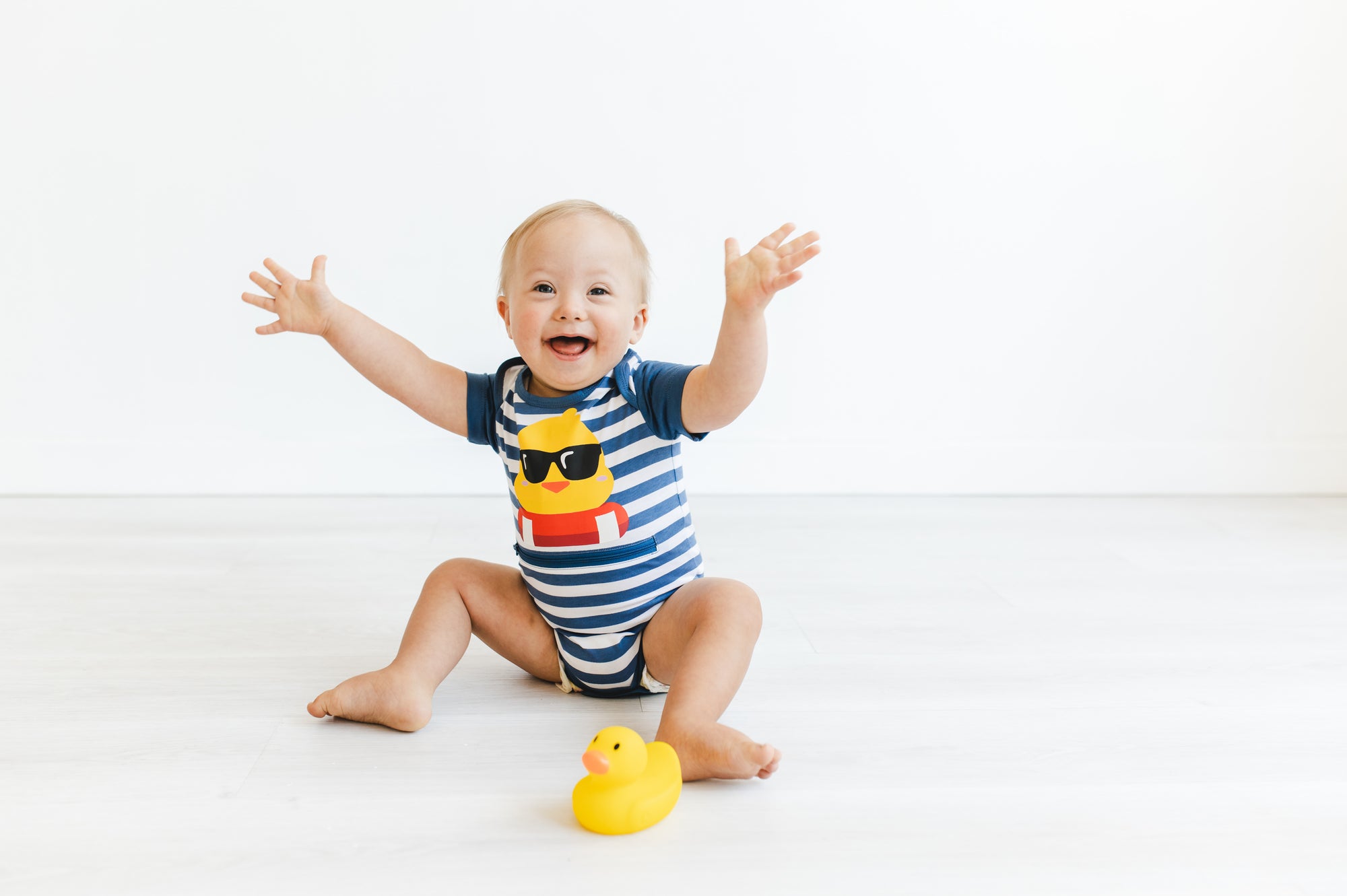 Navy Striped Duckie Short-Sleeve Tummy Zip Bodysuit | Preemie to 24M | G-Tube, Ostomy, Catheter, NICU/PICU, Port-friendly adaptive clothing FINAL SALE