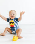 Navy Striped Duckie Short-Sleeve Tummy Zip Bodysuit | Preemie to 24M | G-Tube, Ostomy, Catheter, NICU/PICU, Port-friendly adaptive clothing FINAL SALE