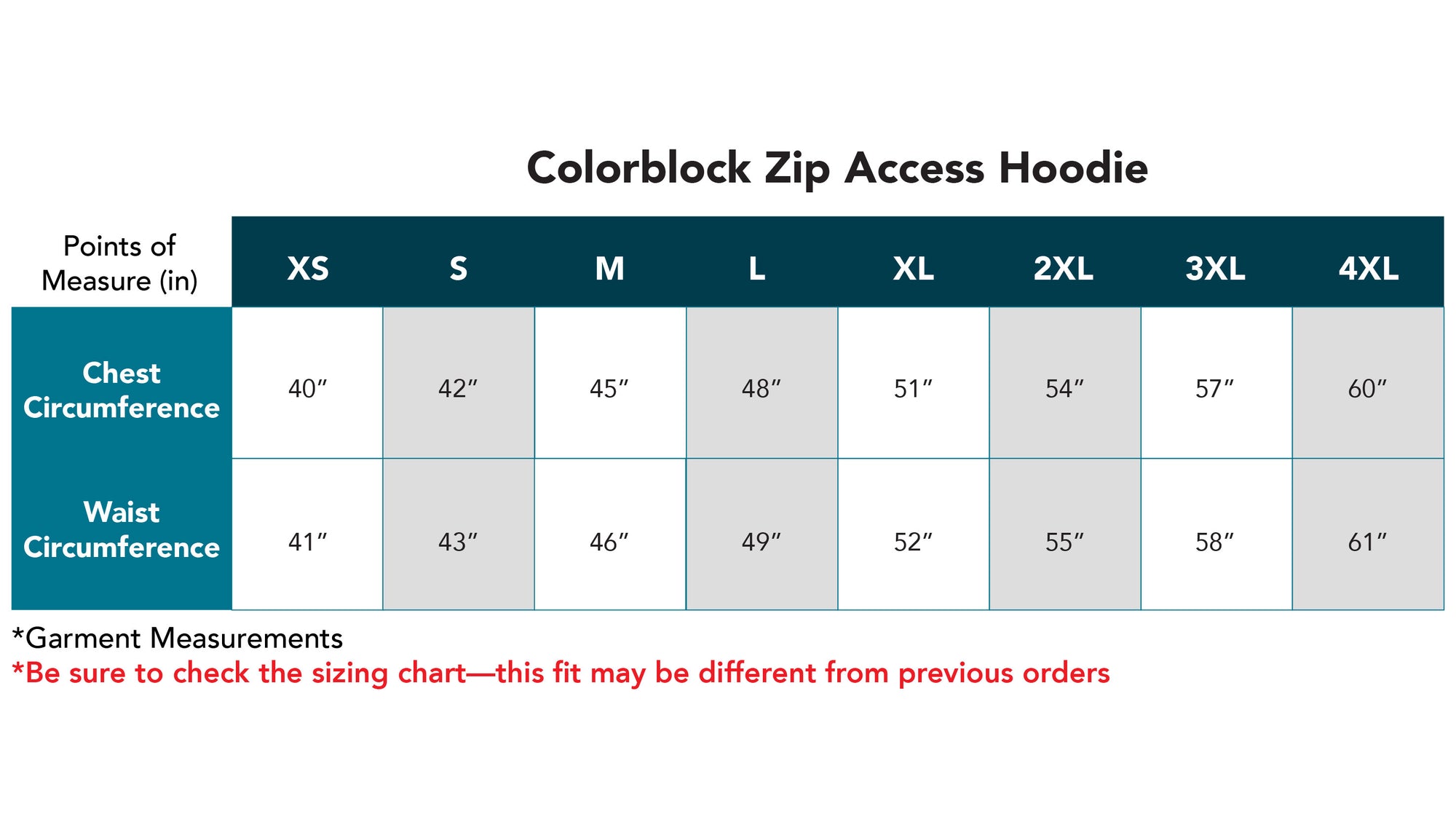 Colorblock Zip Access Hoodie Size Chart