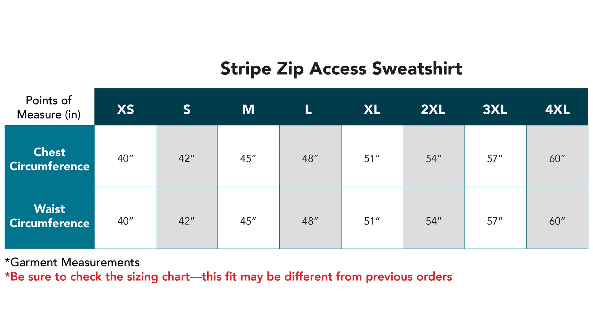 Stripe Zip Access Sweatshirt Size Chart