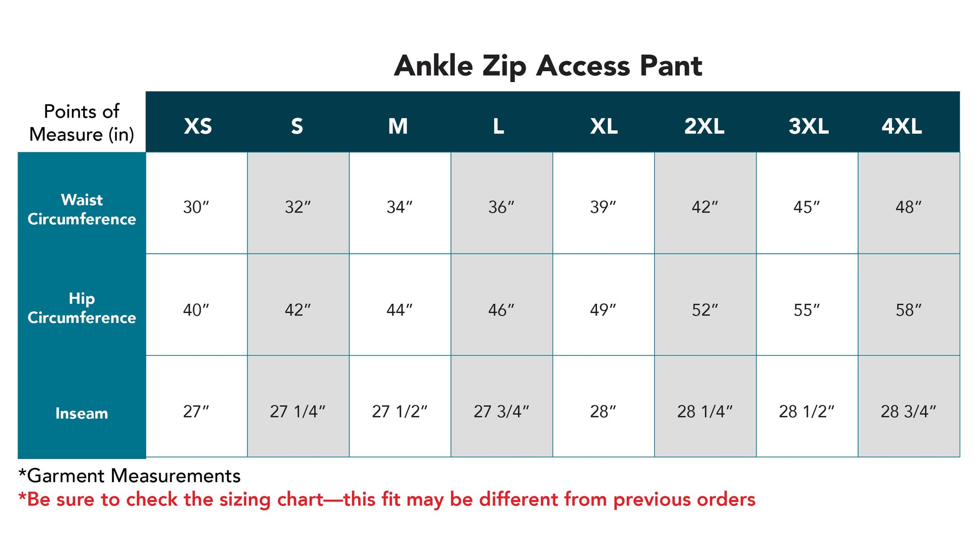 Adult Ankle Zip Access Pant Size Chart