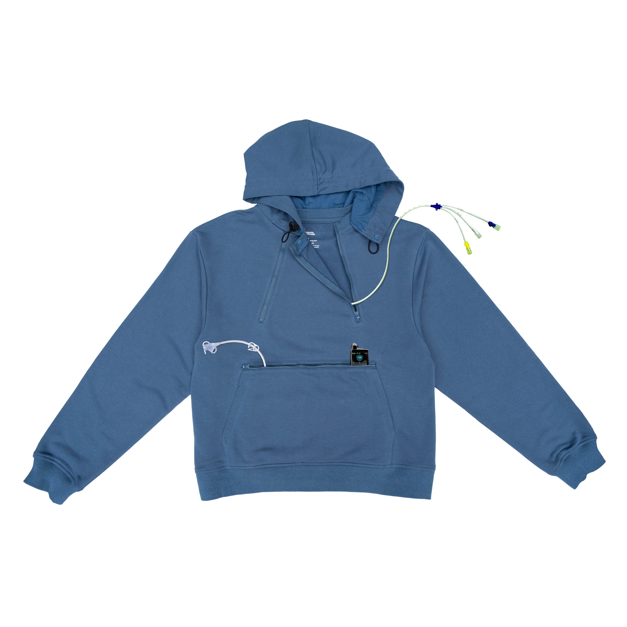 Denim Zipper Access Hoodie with medical devices